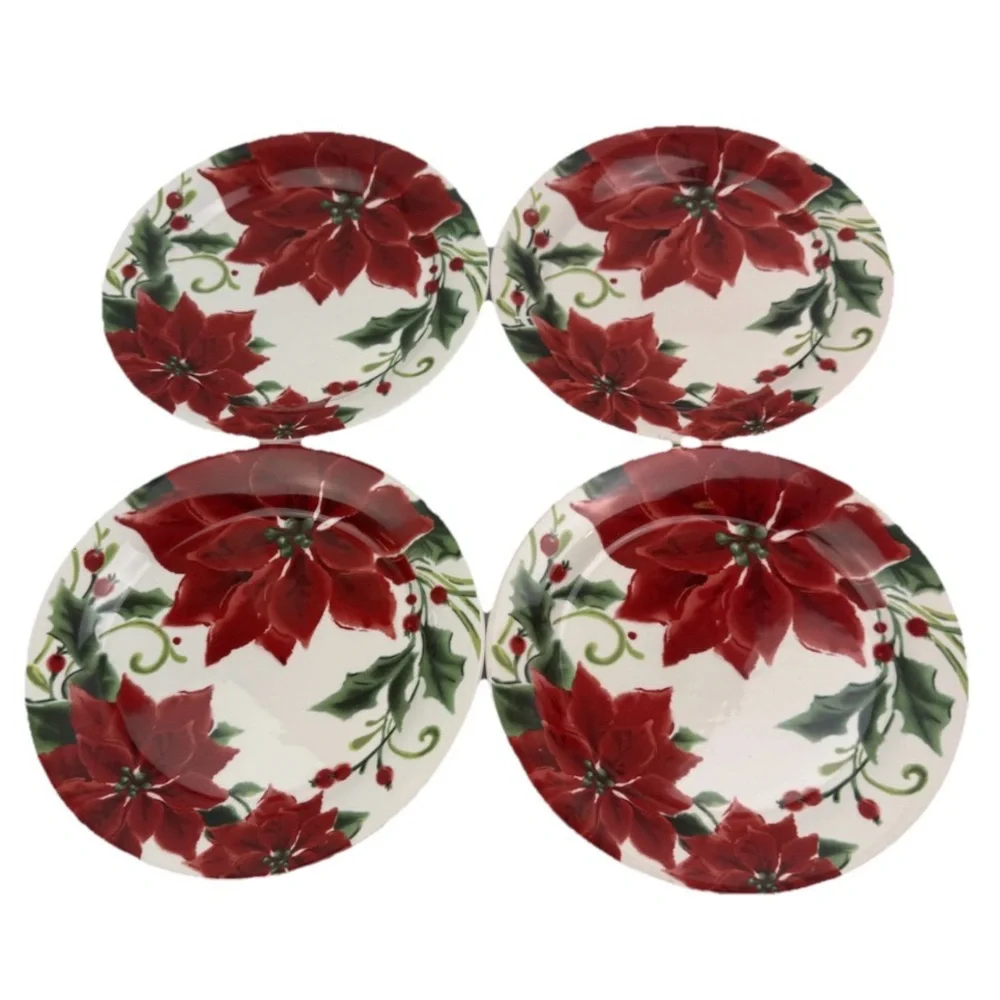 Lot Of 4 Pier 1 Imports Classic Poinsettia Pattern 9” Plates 10822327 READ FLAWS